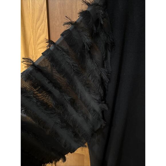 Sioni Milano Black Top With Tassel Fringe Sheer Detailed Sleeves Size 2X New - Picture 2 of 6